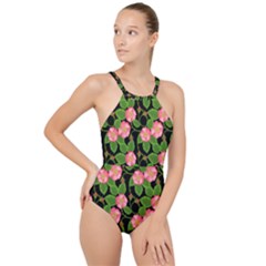 Roses Flowers Bud High Neck One Piece Swimsuit by Vaneshart