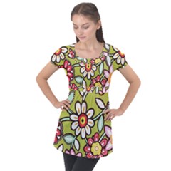 Flowers Fabrics Floral Puff Sleeve Tunic Top