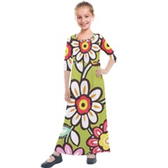 Flowers Fabrics Floral Kids  Quarter Sleeve Maxi Dress