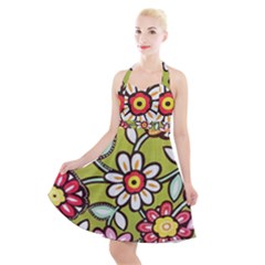 Flowers Fabrics Floral Halter Party Swing Dress 