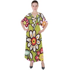 Flowers Fabrics Floral V-Neck Boho Style Maxi Dress