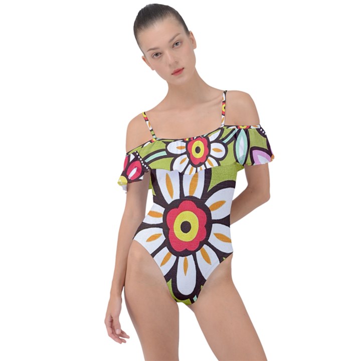 Flowers Fabrics Floral Frill Detail One Piece Swimsuit