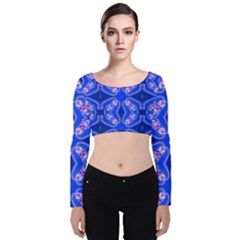 Seamless Fractal Blue Velvet Long Sleeve Crop Top by Vaneshart