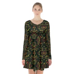 Seamless Pattern Background Long Sleeve Velvet V-neck Dress