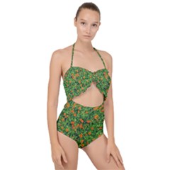Carnations Flowers Seamless Scallop Top Cut Out Swimsuit by Vaneshart