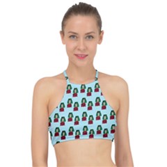 Girl With Green Hair Pattern Racer Front Bikini Top by snowwhitegirl