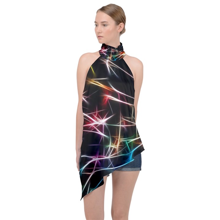 Lights Star Sky Graphic Night Halter Asymmetric Satin Top