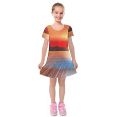 Sunset Water River Sea Sunrays Kids  Short Sleeve Velvet Dress