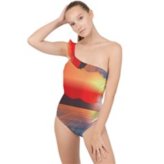 Sunset Water River Sea Sunrays Frilly One Shoulder Swimsuit by Mariart