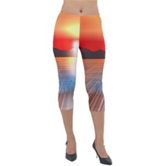 Sunset Water River Sea Sunrays Lightweight Velour Capri Leggings 