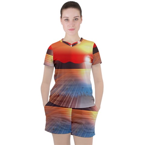 Sunset Water River Sea Sunrays Women s Tee And Shorts Set by Mariart