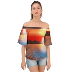 Sunset Water River Sea Sunrays Off Shoulder Short Sleeve Top by Mariart