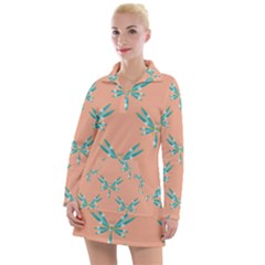 Turquoise Dragonfly Insect Paper Women s Long Sleeve Casual Dress