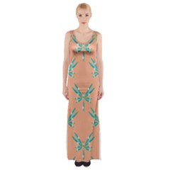 Turquoise Dragonfly Insect Paper Thigh Split Maxi Dress