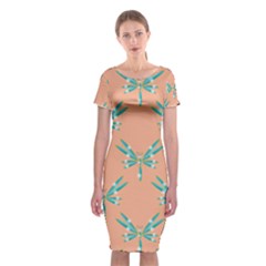 Turquoise Dragonfly Insect Paper Classic Short Sleeve Midi Dress