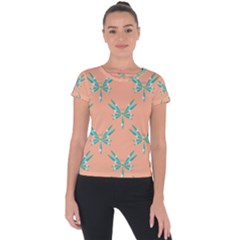 Turquoise Dragonfly Insect Paper Short Sleeve Sports Top 