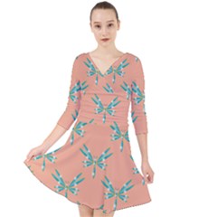 Turquoise Dragonfly Insect Paper Quarter Sleeve Front Wrap Dress