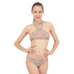 Turquoise Dragonfly Insect Paper High Neck Bikini Set by Alisyart