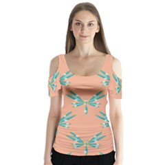 Turquoise Dragonfly Insect Paper Butterfly Sleeve Cutout Tee 