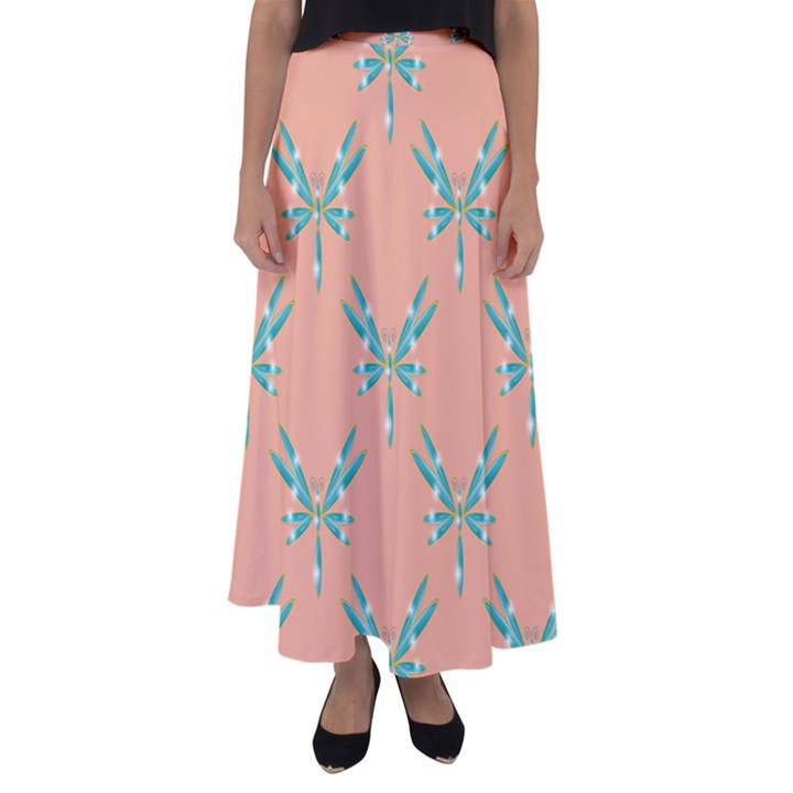 Turquoise Dragonfly Insect Paper Flared Maxi Skirt