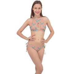 Turquoise Dragonfly Insect Paper Cross Front Halter Bikini Set