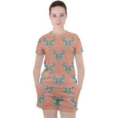 Turquoise Dragonfly Insect Paper Women s Tee And Shorts Set