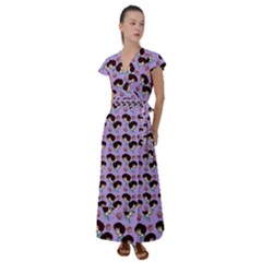 Redhead Girl Pattern Lilac Flutter Sleeve Maxi Dress