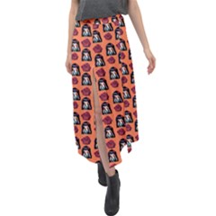 Girl Flower Pattern Apricot Velour Split Maxi Skirt