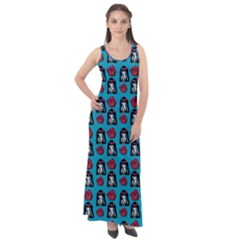 Girl Flower Pattern Blue Sleeveless Velour Maxi Dress