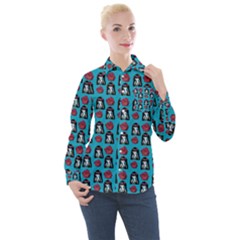 Girl Flower Pattern Blue Women s Long Sleeve Pocket Shirt