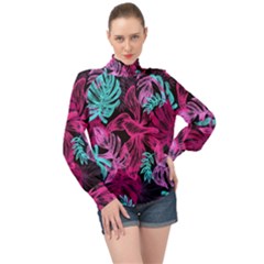 Leaves High Neck Long Sleeve Chiffon Top by Sobalvarro