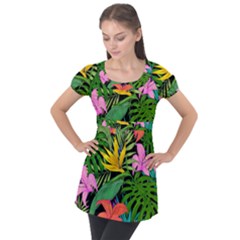 Tropical Greens Puff Sleeve Tunic Top by Sobalvarro