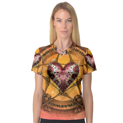 Awesome Heart On A Pentagram With Skulls V-neck Sport Mesh Tee by FantasyWorld7