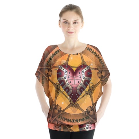 Awesome Heart On A Pentagram With Skulls Batwing Chiffon Blouse by FantasyWorld7