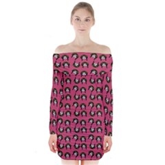 Retro Girl Daisy Chain Pattern Pink Long Sleeve Off Shoulder Dress