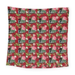 Vintage Can Floral Red Square Tapestry (large)
