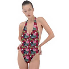 Vintage Can Floral Red Backless Halter One Piece Swimsuit by snowwhitegirl