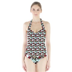 Vintage Hippie Girl Pattern Blue Halter Swimsuit