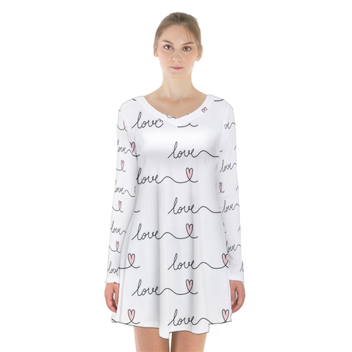 Pattern With Love Words Long Sleeve Velvet V-neck Dress