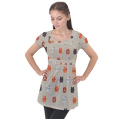 Cat Faces Pattern Puff Sleeve Tunic Top by Vaneshart