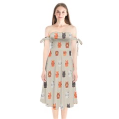 Cat Faces Pattern Shoulder Tie Bardot Midi Dress by Vaneshart