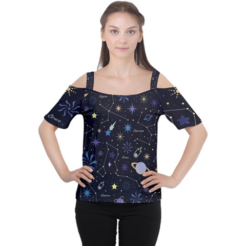 Starry Night  Space Constellations  Stars  Galaxy  Universe Graphic  Illustration Cutout Shoulder Tee by Vaneshart