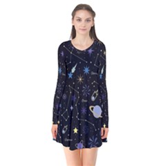 Starry Night  Space Constellations  Stars  Galaxy  Universe Graphic  Illustration Long Sleeve V-neck Flare Dress by Vaneshart