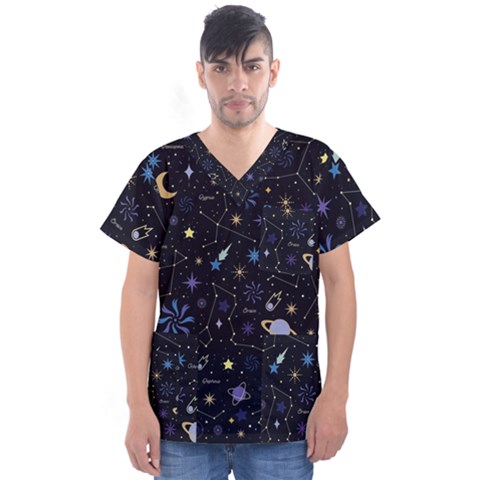 Starry Night  Space Constellations  Stars  Galaxy  Universe Graphic  Illustration Men s V-neck Scrub Top by Vaneshart