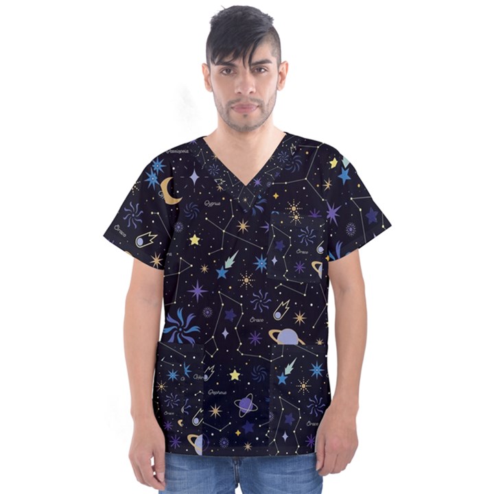 Starry Night  Space Constellations  Stars  Galaxy  Universe Graphic  Illustration Men s V-Neck Scrub Top