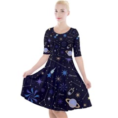 Starry Night  Space Constellations  Stars  Galaxy  Universe Graphic  Illustration Quarter Sleeve A-line Dress by Vaneshart