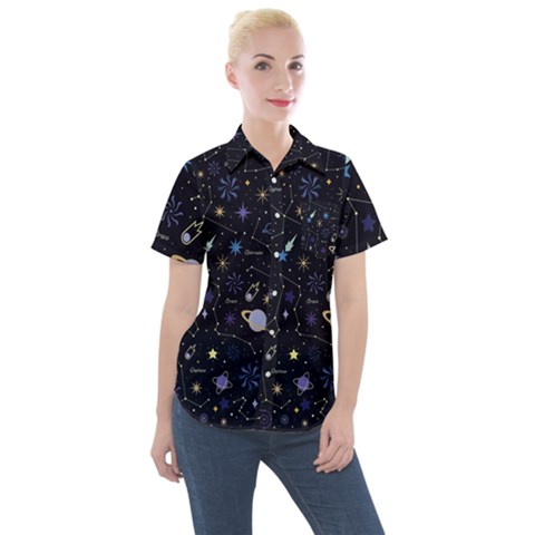 Starry Night  Space Constellations  Stars  Galaxy  Universe Graphic  Illustration Women s Short Sleeve Pocket Shirt by Vaneshart