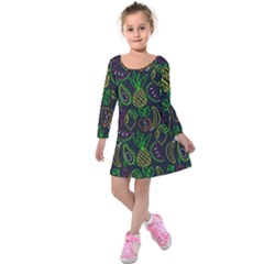 Neon Fruit Seamless Pattern Kids  Long Sleeve Velvet Dress by Vaneshart