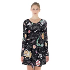 Animals Galaxy Space Long Sleeve Velvet V-neck Dress