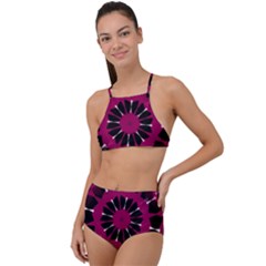 Pink And Black Seamless Pattern High Waist Tankini Set